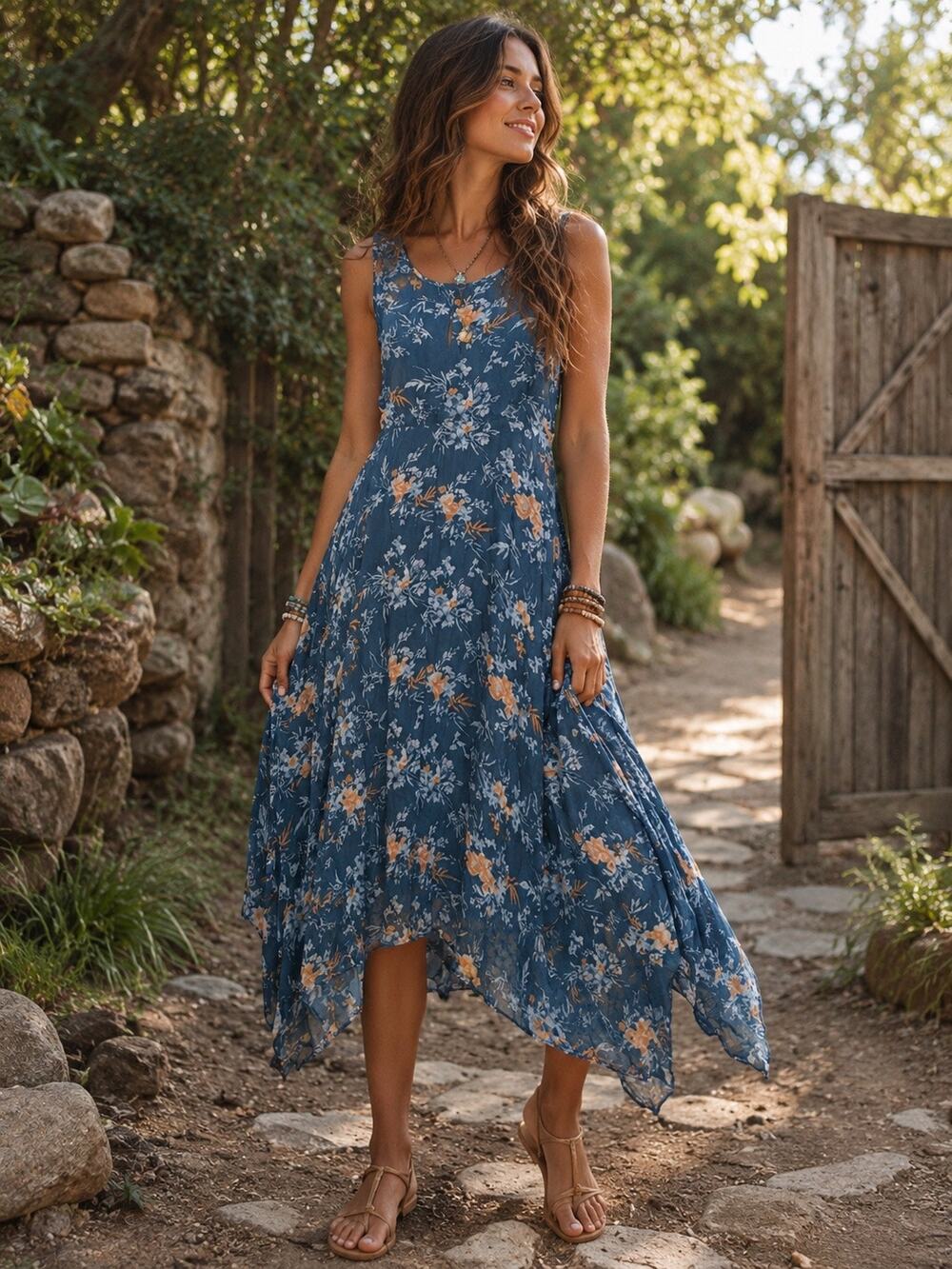 Sundance Blue Floral Handkerchief Hem Empire Waist Maxi Dress Size S Boho